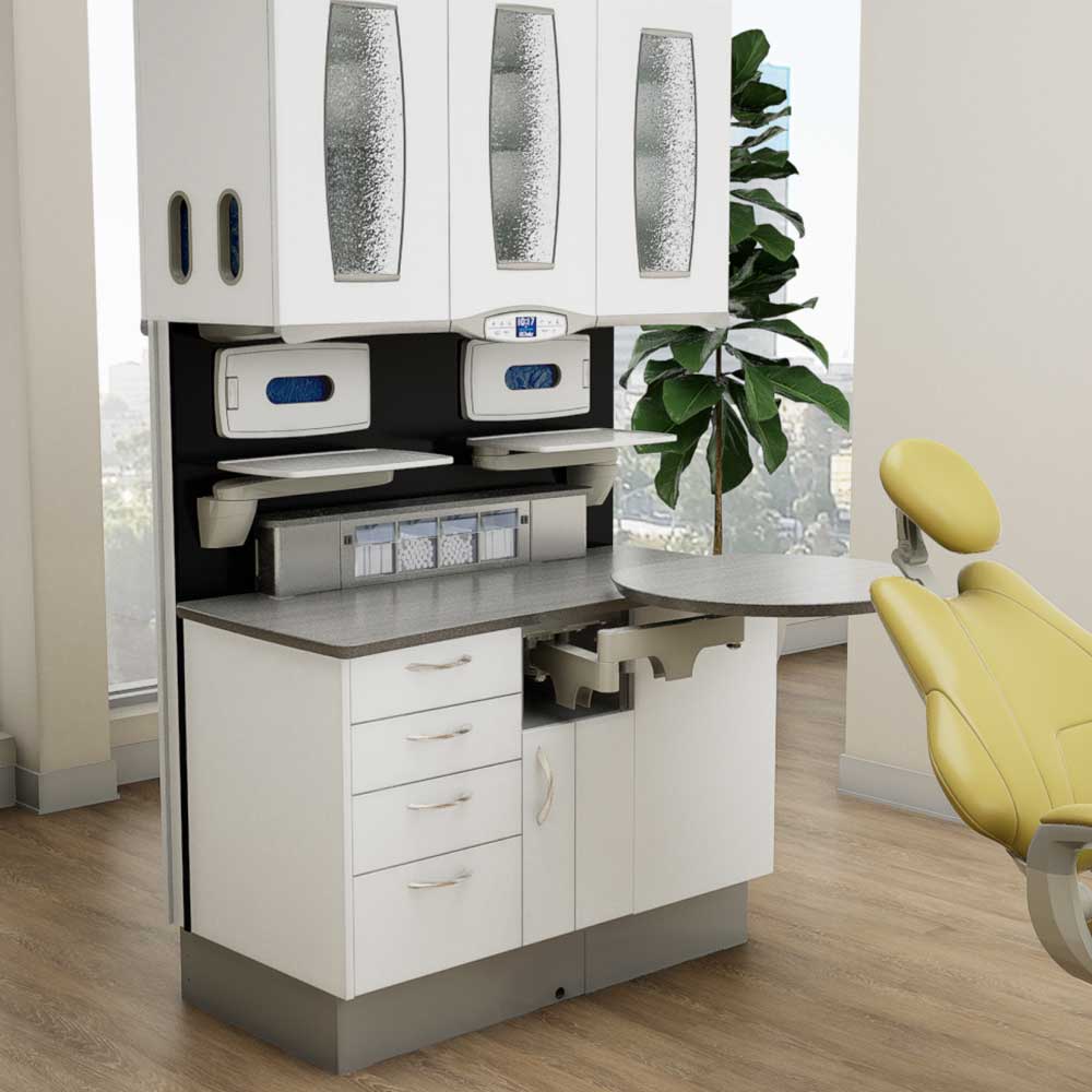 White dental unit with yellow accent chair
