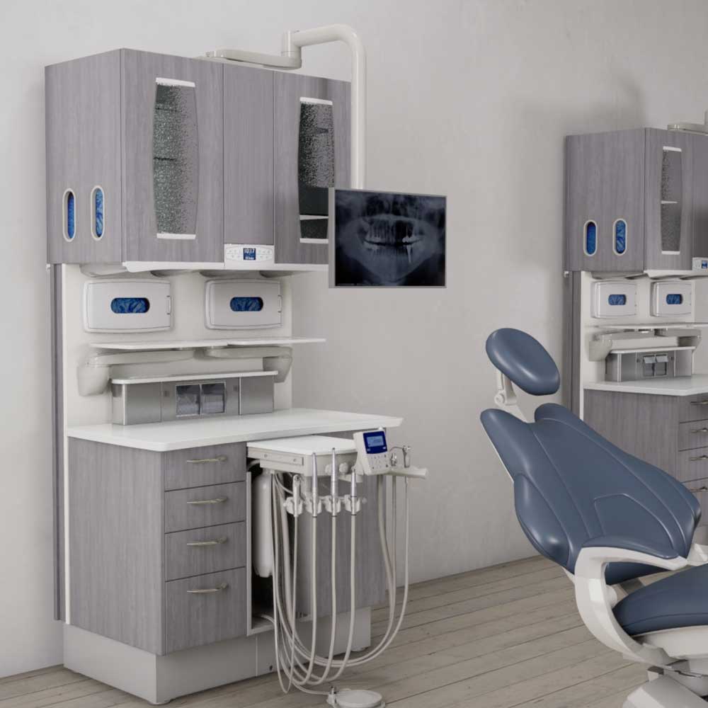 Gray dental unit with blue chair